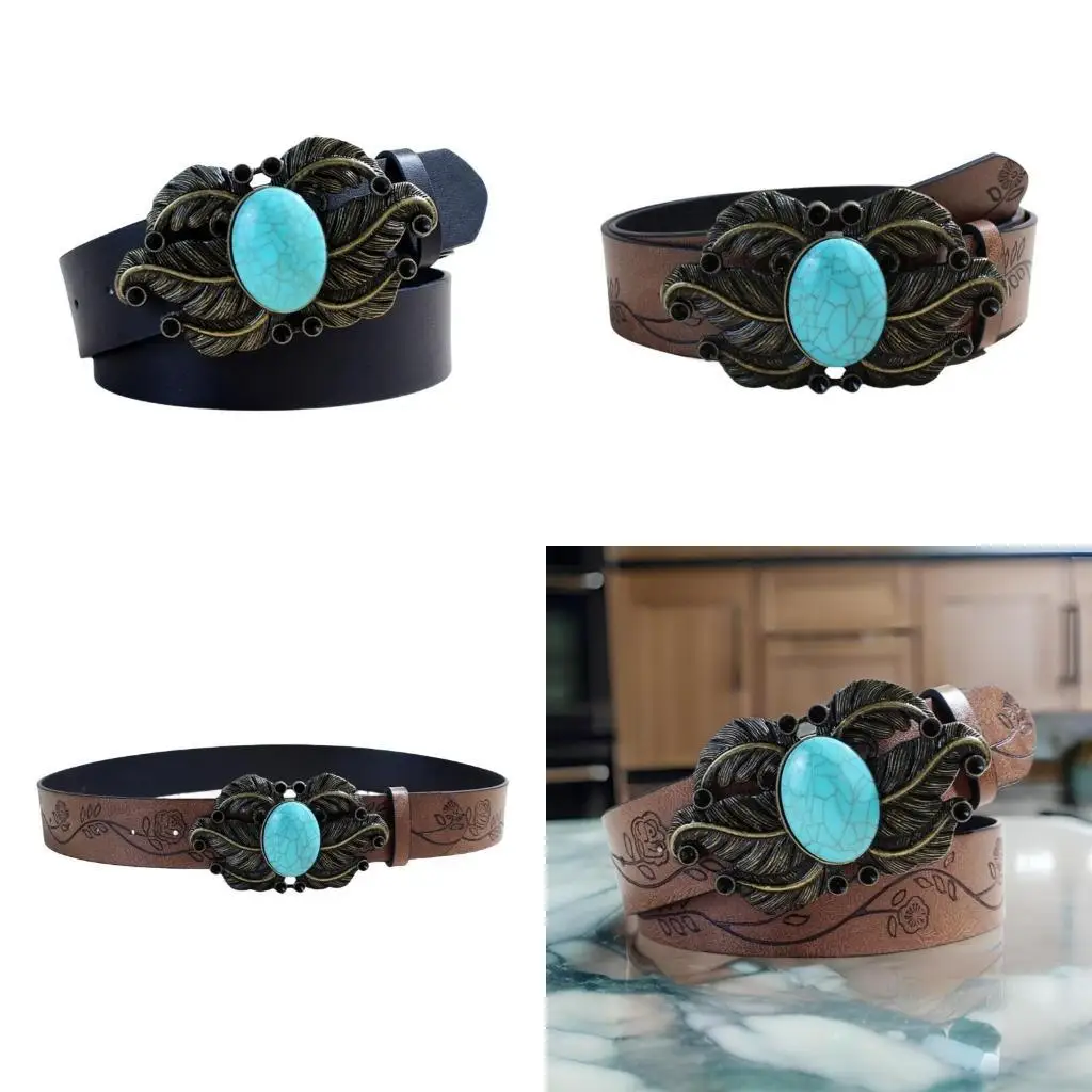 

39BD Waist Belt Punk Chain for Cowboy Cowgirl Carved Leaf Buckle Retro Floral Buckle Waist Chain Belt