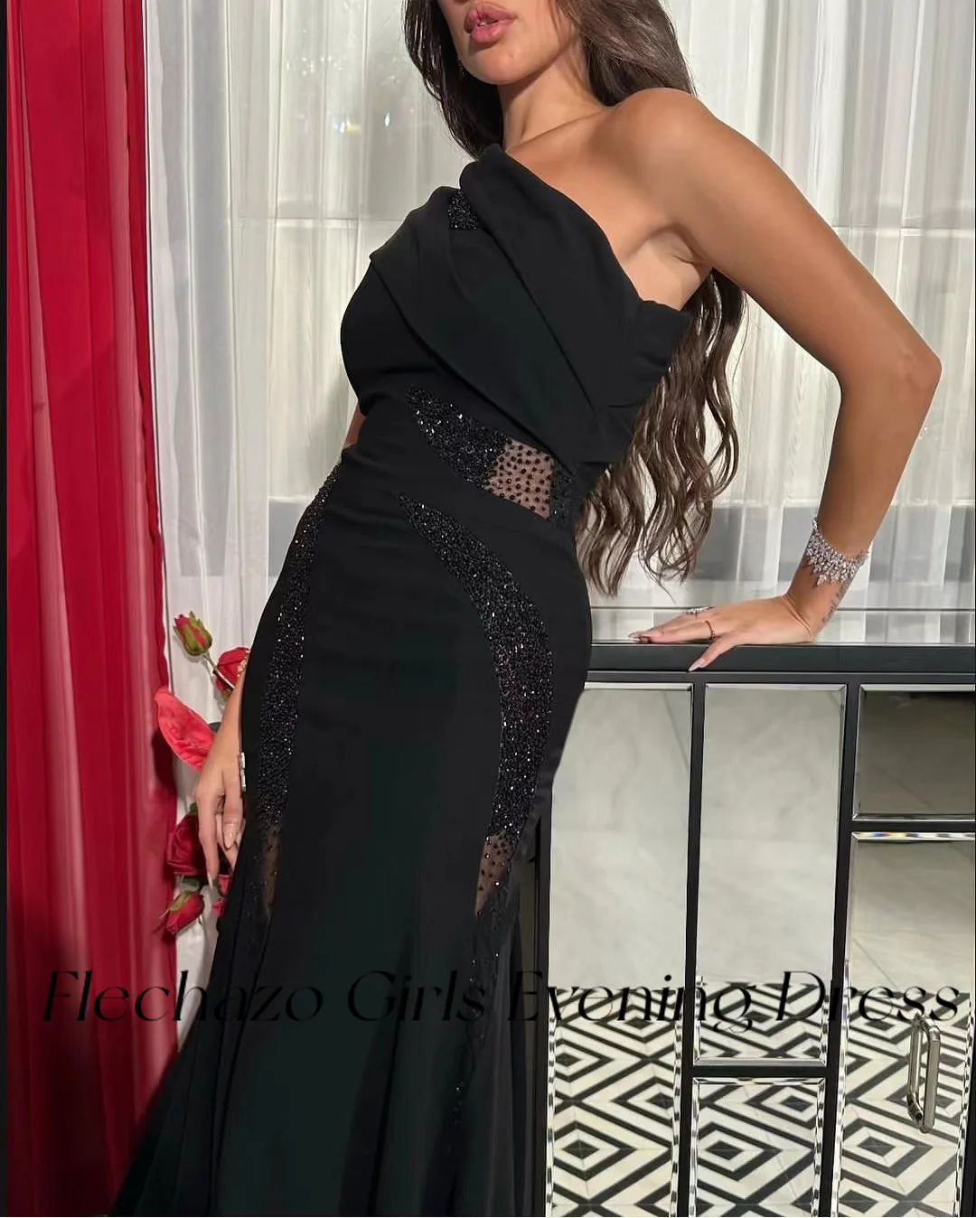 Flechazo Black Evening Dresses One Shoulder Floor-Length Illusion Bead Formal Party Dress For Women 2024 vestidos de gala