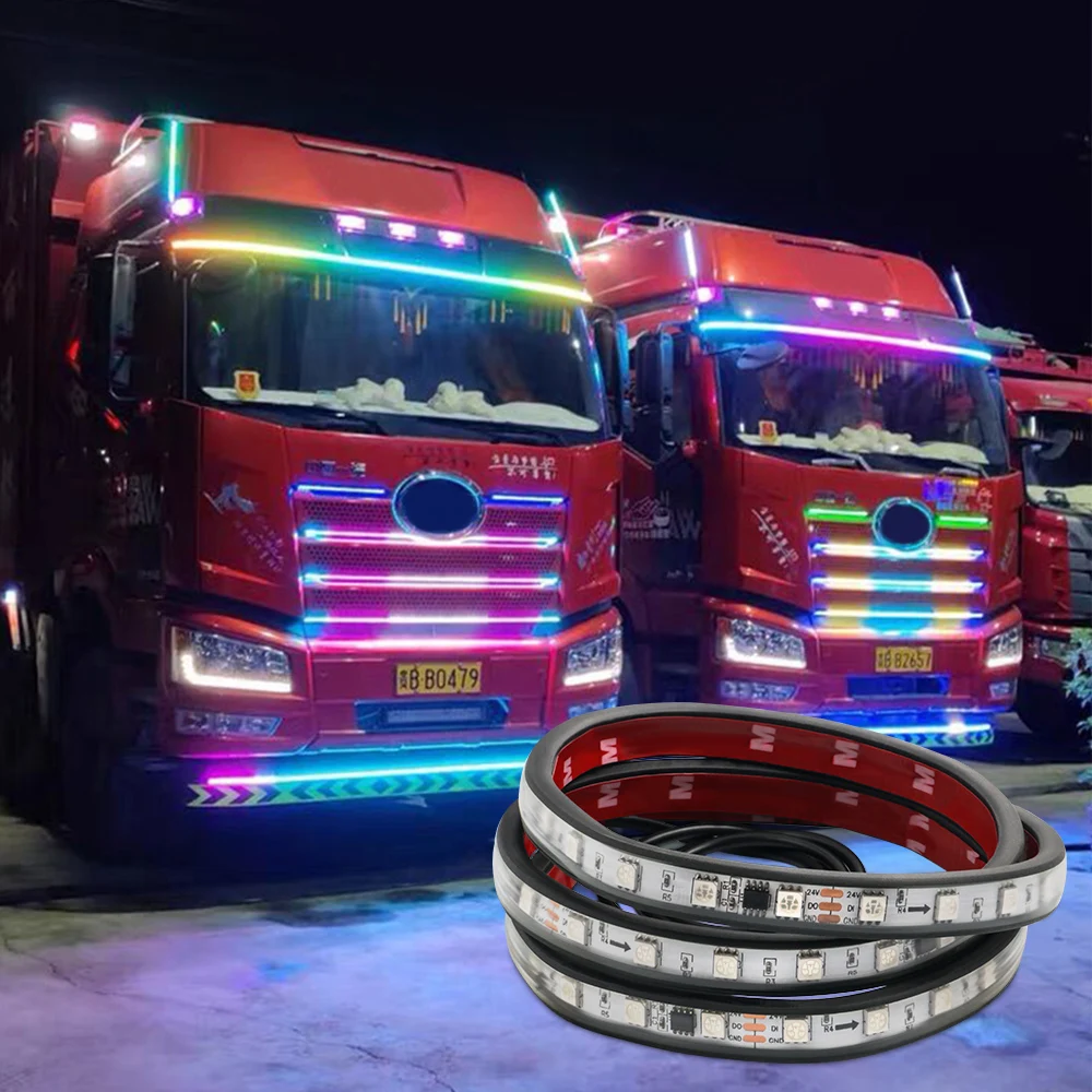 Bandes lumineuses LED RVB pour camion, escales colorées flexibles, lampe à bande d'iode, lampe Streamer DRL, 1m, 1.5m, 2m, télécommande 24V