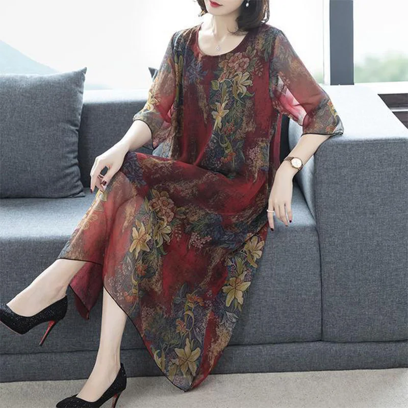 Spring Summer Women\'s New Chiffon Vintage Floral Print Loose Round Neck Fashion Net Yarn Half Sleeve A-line Mid Length Dress