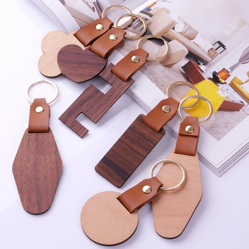 Creative Leather Walnut Wooden Keyring Couple Customized with Your Own Logo Laser Engraving Keychain Car Key Pendant Souvenirs