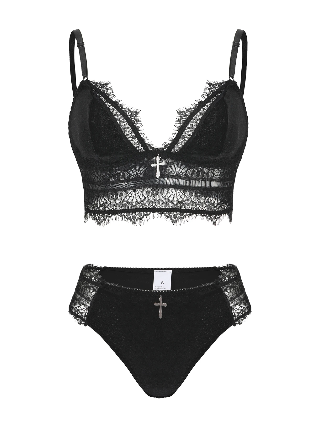 Image of Schwarzes Spitzen-Dessous-Set für Damen im Gothic-Stil mit Kreuzanhänger, BH und Höschen-Set für Erwachsene.