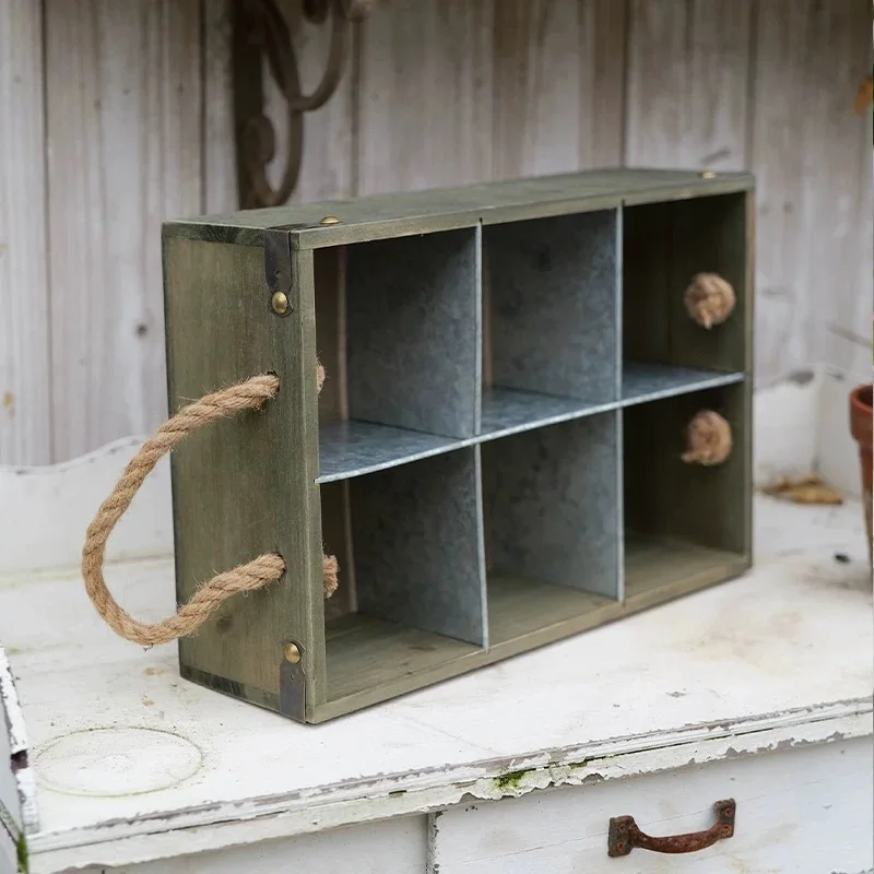 Rustic Wooden Shadow Box with Rope Handles, 6 Compartment Display Shelf, Distressed Green Finish, 36x24x10cm, Vintage Zakka Styl