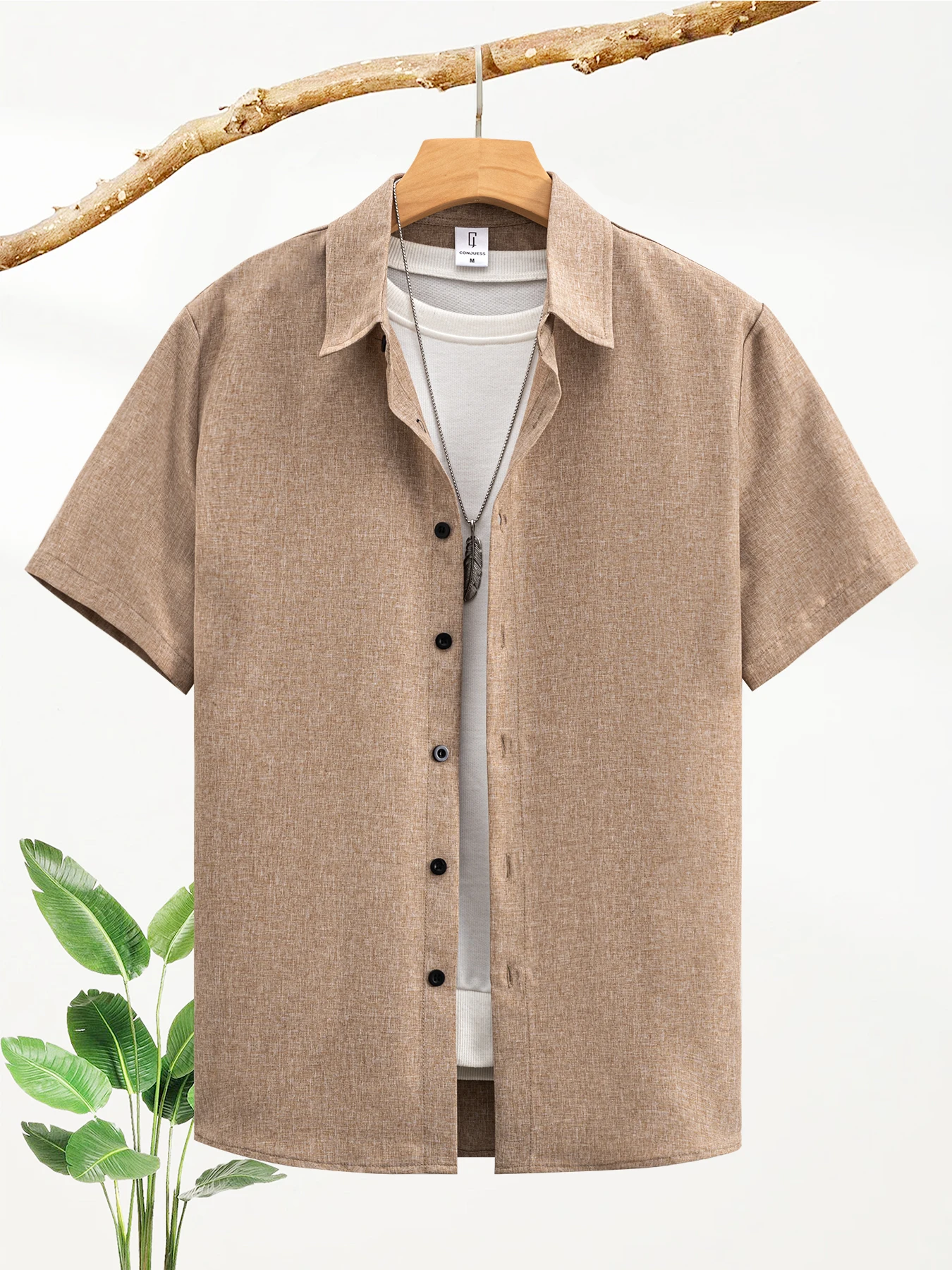Men's Solid Color Linen Texture Short-Sleeve Casual Shirt, Lightweight Loose-Fitting Shirt with a Turn-Down Collar, Simple Versatile Short-Sleeve Top for Outdoor Vacations