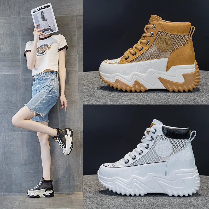 2023 nowych skórzanych białych butów oddychających sneakersy z siatką wzrost w lecie o 7CM buty designerskie Plataforma Mujer