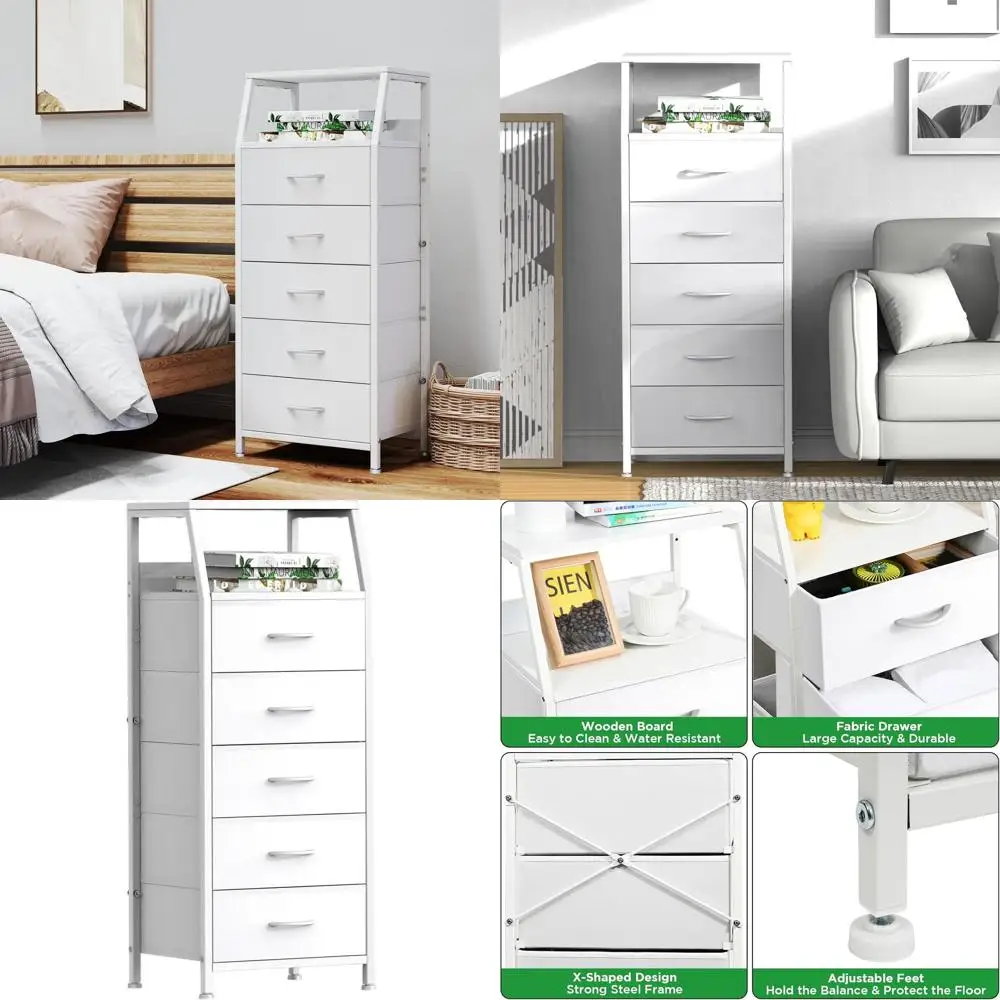 

5-Drawer Vertical Fabric Storage Tower Nightstand with Wooden Top and Steel Frame