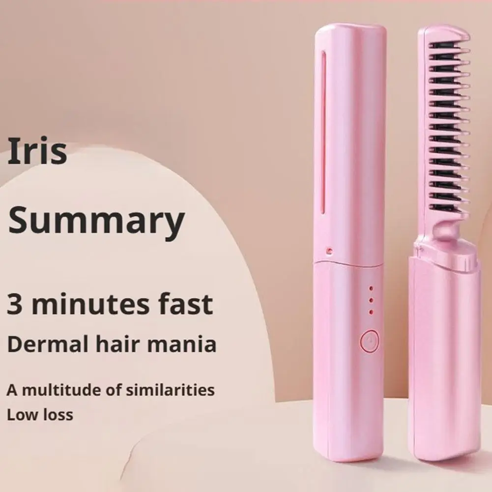 

Ceramic Hair Straightener Brush Cordless 4000mAh 3 Temp Levels 30s Heat Up Rechargeable Anti-Scald Hot Comb for Travel