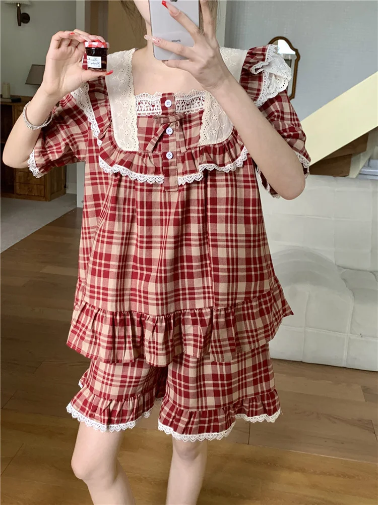 

Lace Princess Kawaii Plaid Sweet 100%Cotton Short Sleeve Pajama Set Women Korean Summer Girlish Style Loose Casual Sleepwear