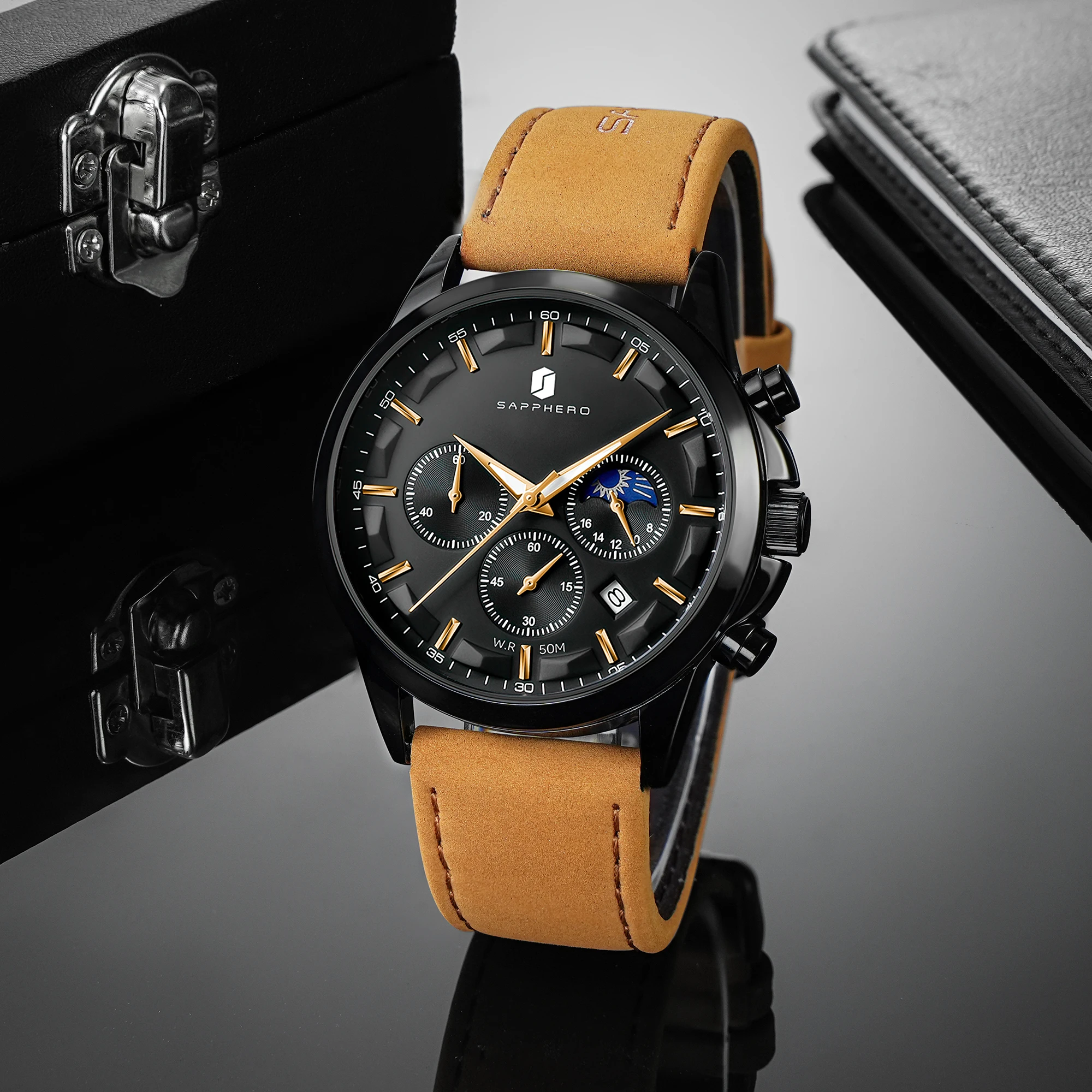 SAPPHERO Herren Chronograph Quarzuhr, 5ATM Wasserdicht, Hardlex Kristall, Lederarmband, Modische Sportuhr, Perfektes Geschenk für Männer – Detail 6