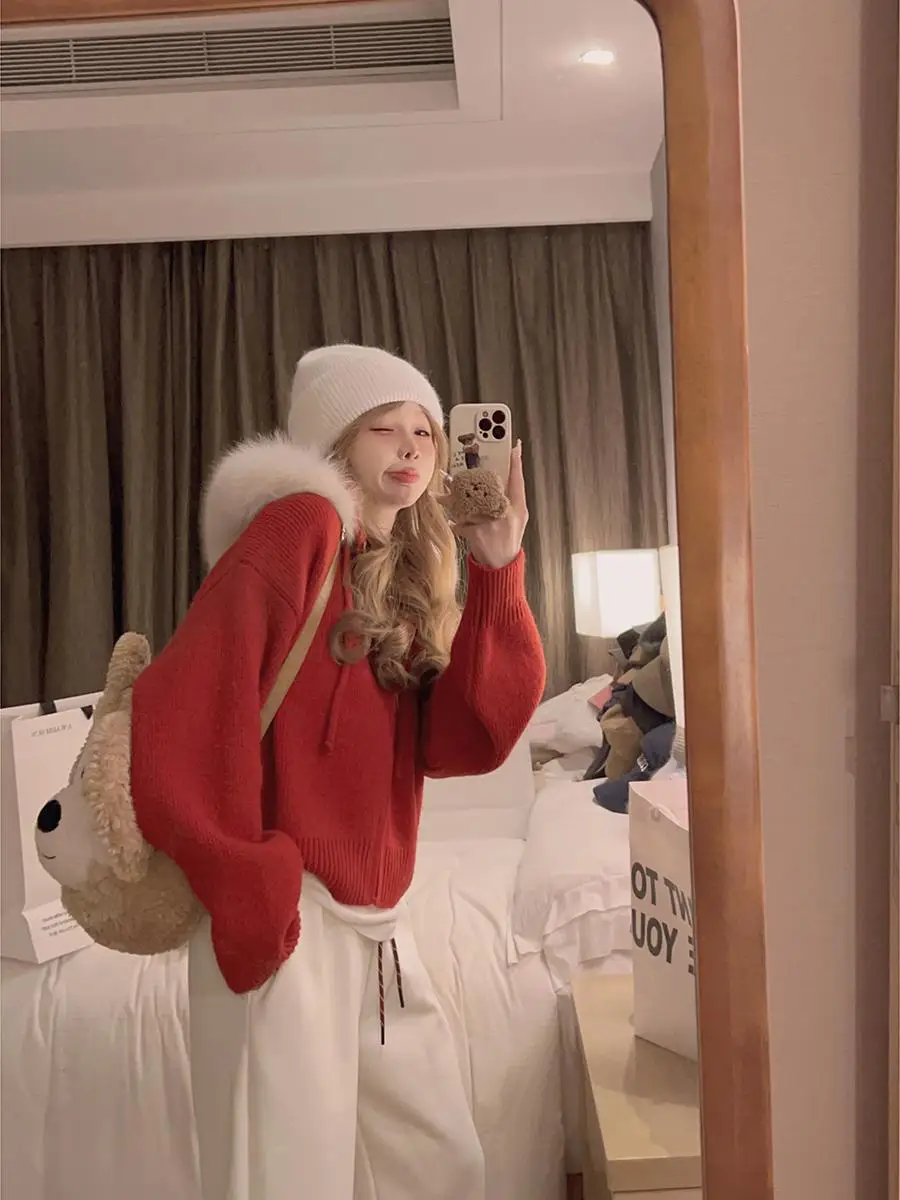 

Yukiss Thiened Knitted Fur Collar Hooded Open Cardigan Sweater Women Winter Korean Sle Loose Top Casual Loose Fit