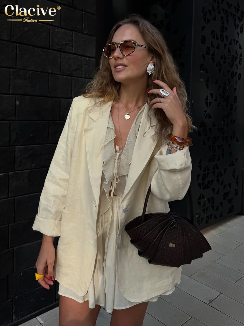 

Clacive модная свободная бежевая хлопковая женская рубашка 2025, зимние рубашки с длинными рукавами и лацканами, элегантный классический пиджак, топ, женская одежда
