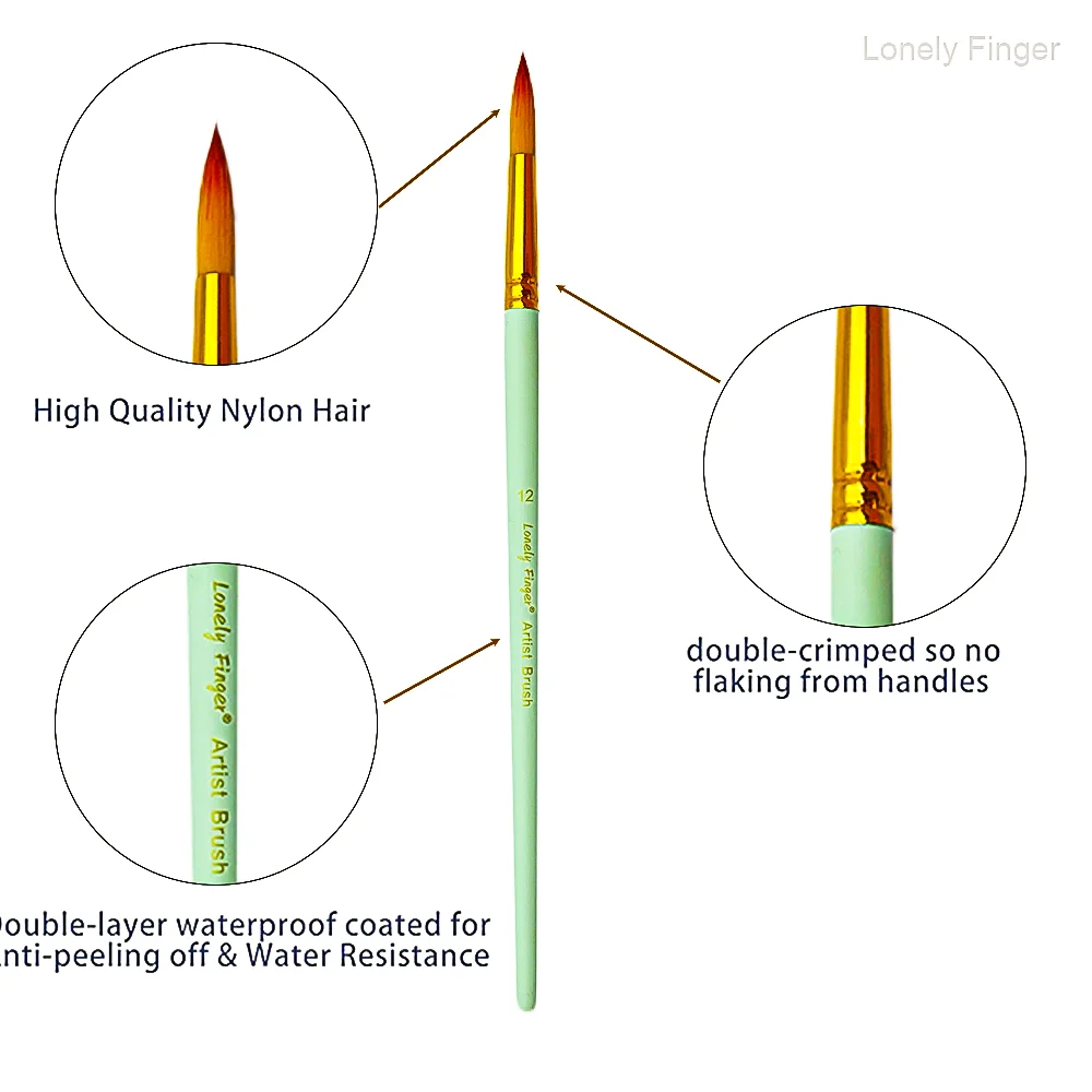 Professional 12PCS Round Painting Artist Paint Brush for Acrylics Water Color Oil Gouache Ink