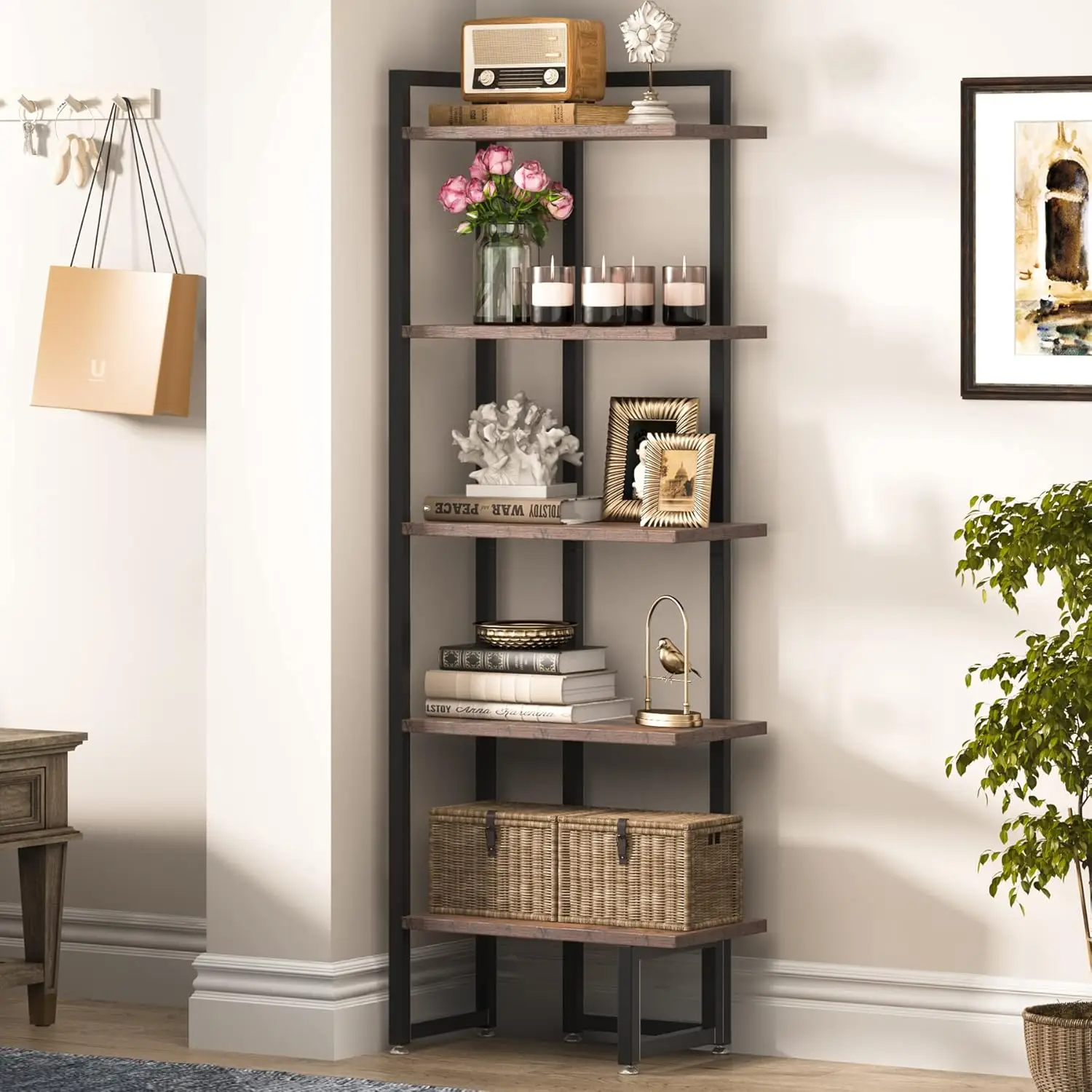 Industrial Corner Shelf, 5 Tier Wood Wall Corner Bookshelf with Anti-Slip Pad, Corner Storage Rack Shelves Display Plant Flower