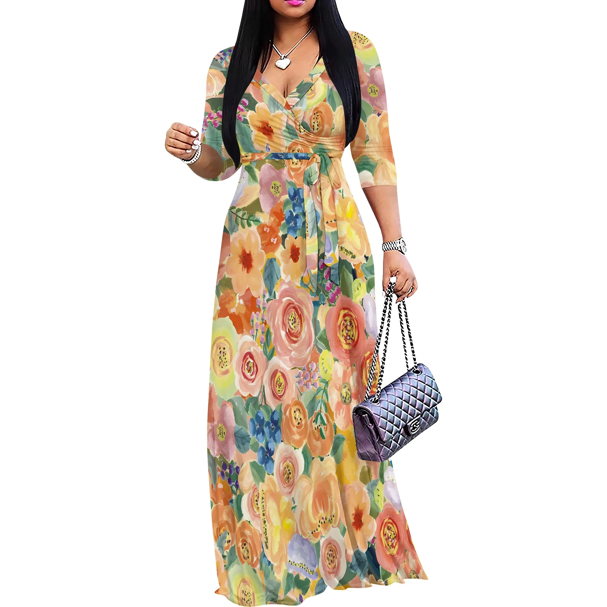 فستان Nupusa بمقاس قياسي منقوش عليه زهور، فستان صيفي أنثوي ورقبة على شكل حرف V نصف كم، فستان صيفي أنثوي