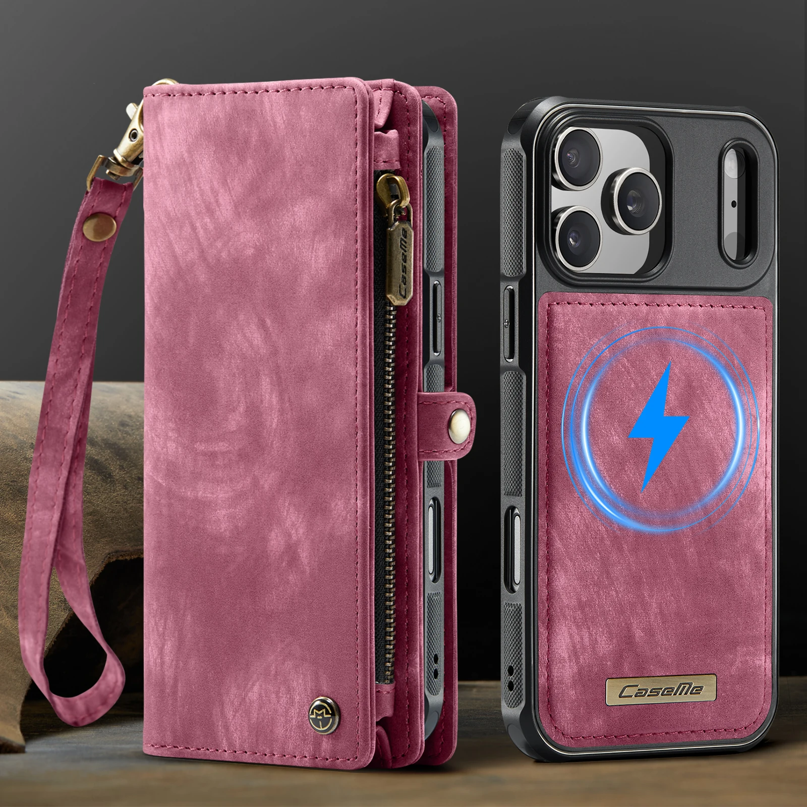

CaseMe-008 Card Wallet Case For iPhone Air/ 17 Pro Max/17 Pro, Zipper Leather Magnetic 2 in 1 Cover Shockproof Protectives Skins