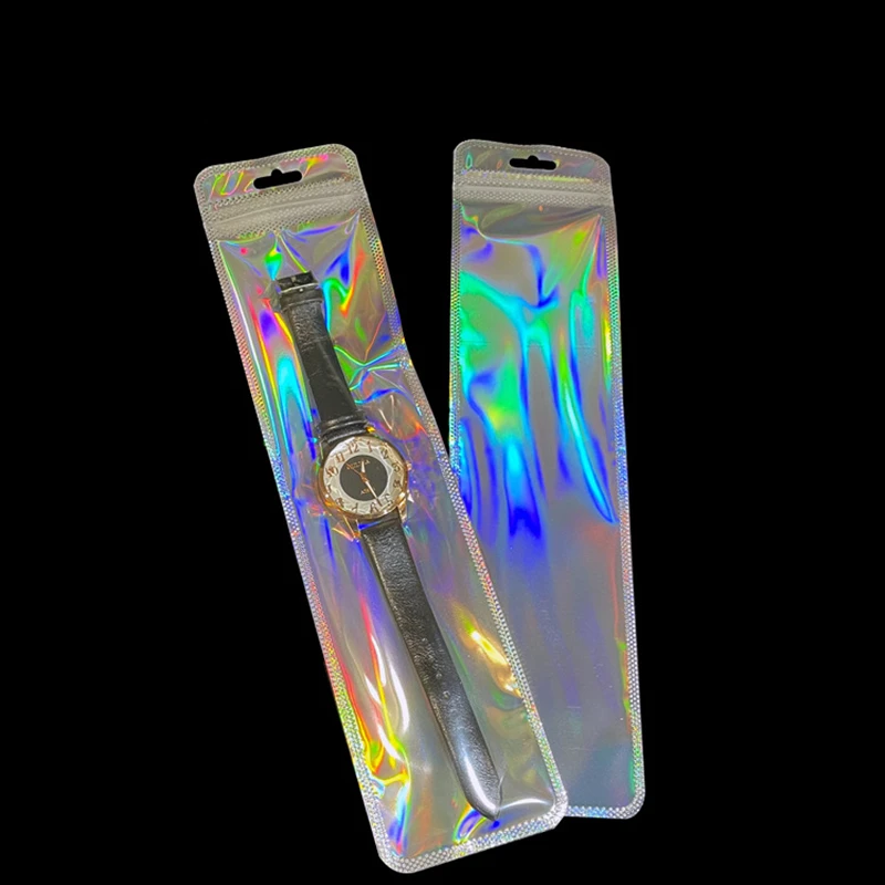 Long Holographic Resealable Sealable Pen Packaging Zip Bag for Small Business Jewelry Necklace Sample Storage Supplies, 6*27.5cm