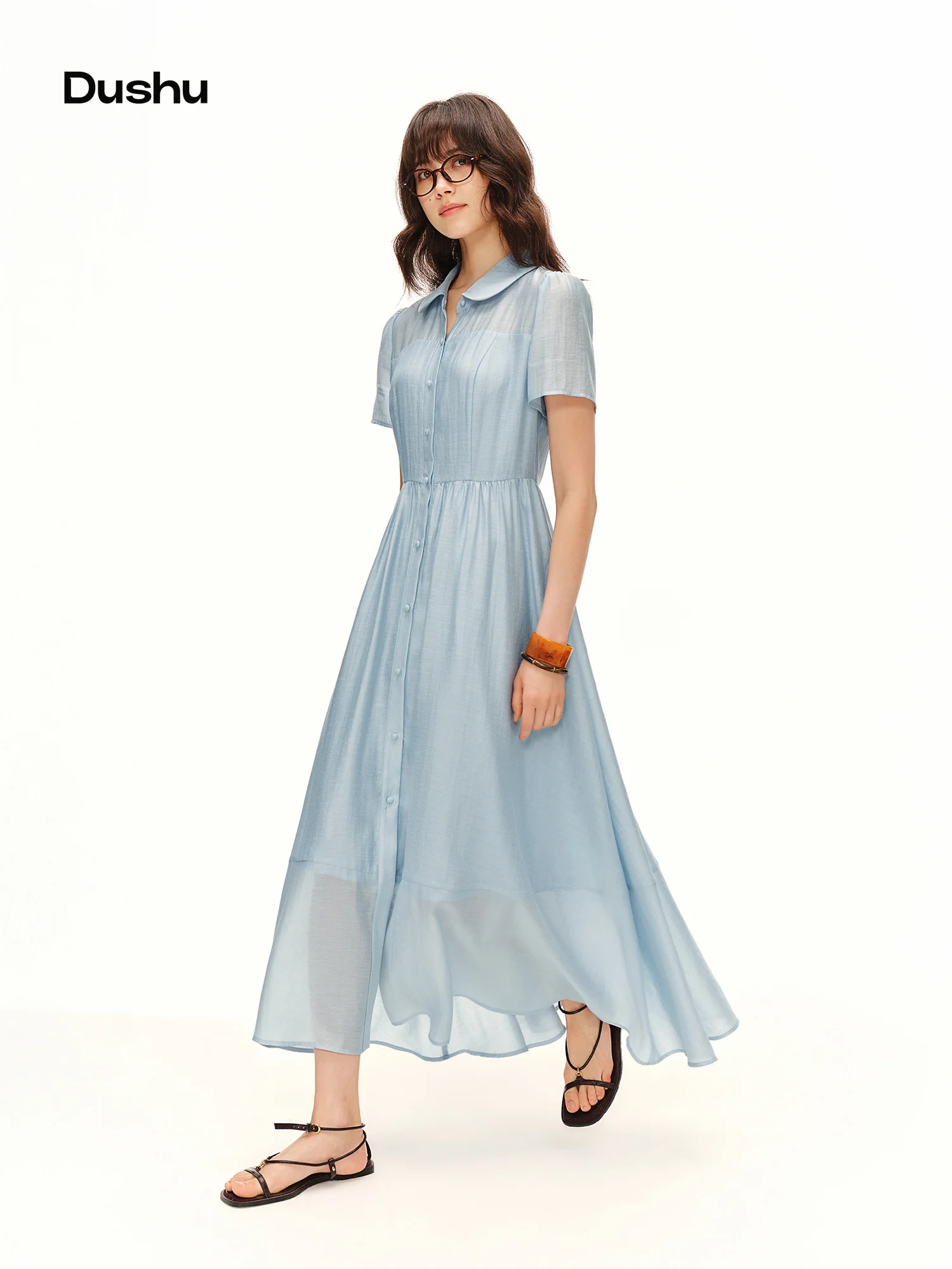 DUSHU 2026 Summer Women's Peter Pan Collar Dress Tencel Linen Acetate Blend A-Line Midi Flattering Everyday Style Inclusive Size