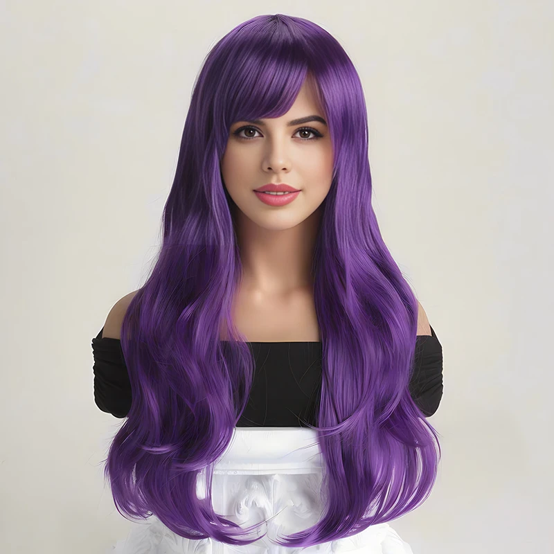 Elegant Long Purple Curly Wig With Side Bangs For Women - Heat Resistant Synthetic Hair，Perfect for Halloween Party