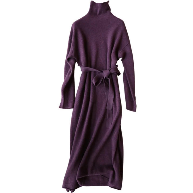 Goddess Fan Tie Waist Bottoming Long Skirt High Neck Knitted Dress Mid-Length Over-The-Knee Sweater Pullover Women