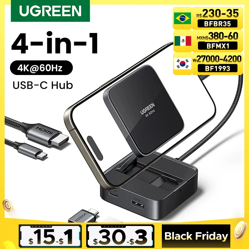 UGREEN 접이식 USB C 허브, 휴대폰, 태블릿, 노트북, 맥북 프로, 에어, 안드로이드, USB 분배기, 4K 60Hz, HDMI, PD100W, USB3.0 도킹 스테이션