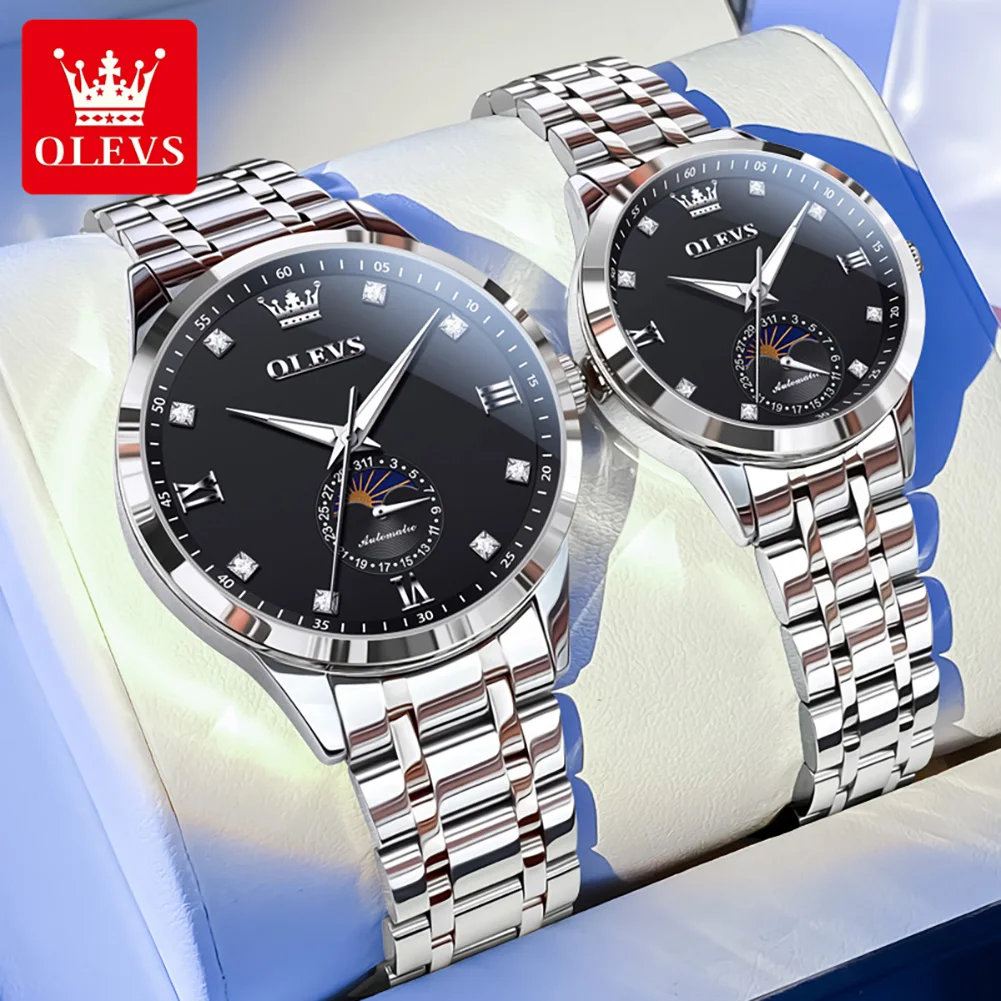 OLEVS 7041 Couple Watch for Men Women Moon Phase Automatic Mechanical Wristwatch Luxury Brand Diamond Scale Lover's Wristwatches