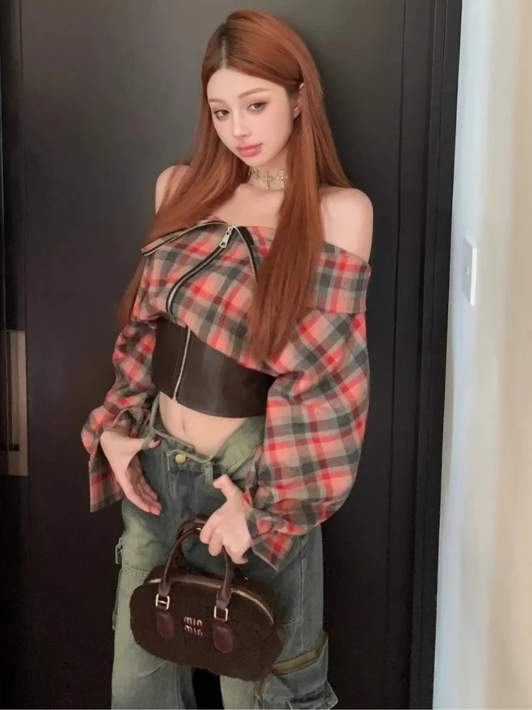 

Y2k Sweet Ruffled Plaid Shirt Women One-shoulder Strapless Flared Sleeves Autumn New Vintage Slim Spice Girls Shirt Short Tops