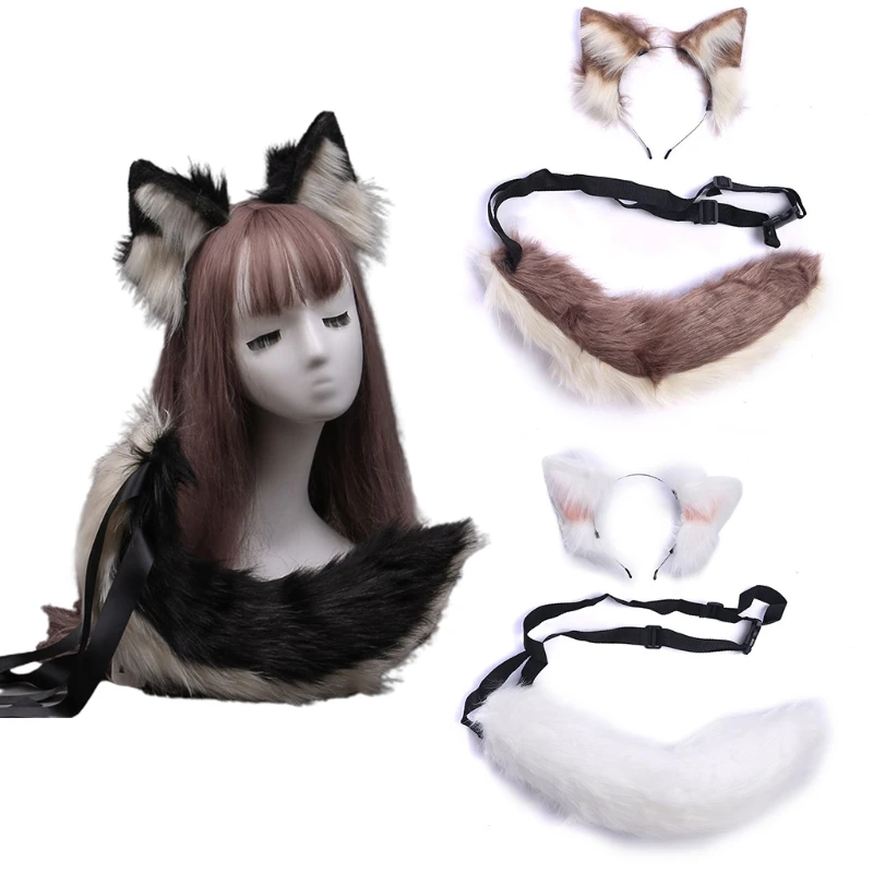 

MXMB Faux Fur Wolf Ears Headband Furry Animal Tail Cosplay Props Halloween Costume