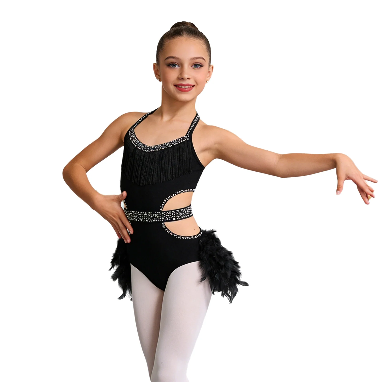 

Kids Girls Shiny Rhinestones Latin Jazz Dance Tango Rumba Salsa Figure Skating Costume Sleeveless Cutout Feather Skirted Leotard