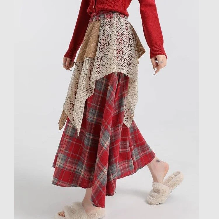 

Retro women's summer 2025 new irregular a-word plaid lace splicing high waist slim pleated skirt