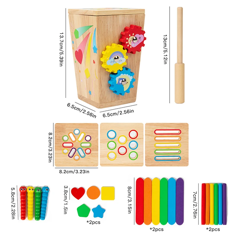 صندوق فرز الألوان الخشبي متعدد الوظائف 5 في 1 - التعرف على الألوان في مرحلة الطفولة المبكرة والمهارات الحركية الدقيقة والتعليم المعرفي