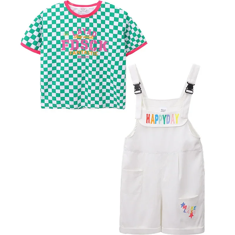 Kids Hip Hop Streetwear Plaid T Shirt White Overall Girls Jazz Dancing Costume Children Cheerleading Show Clothes 6 8 10 12 14Y