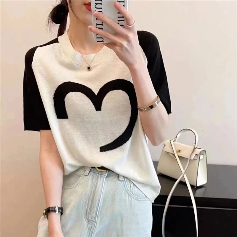 

Boring Honey Summer Contrast Color Print T-Shirt Women Fashion Lce Silk Knitting Casual Tops Women O-Neck All-Match Love T-Shirt