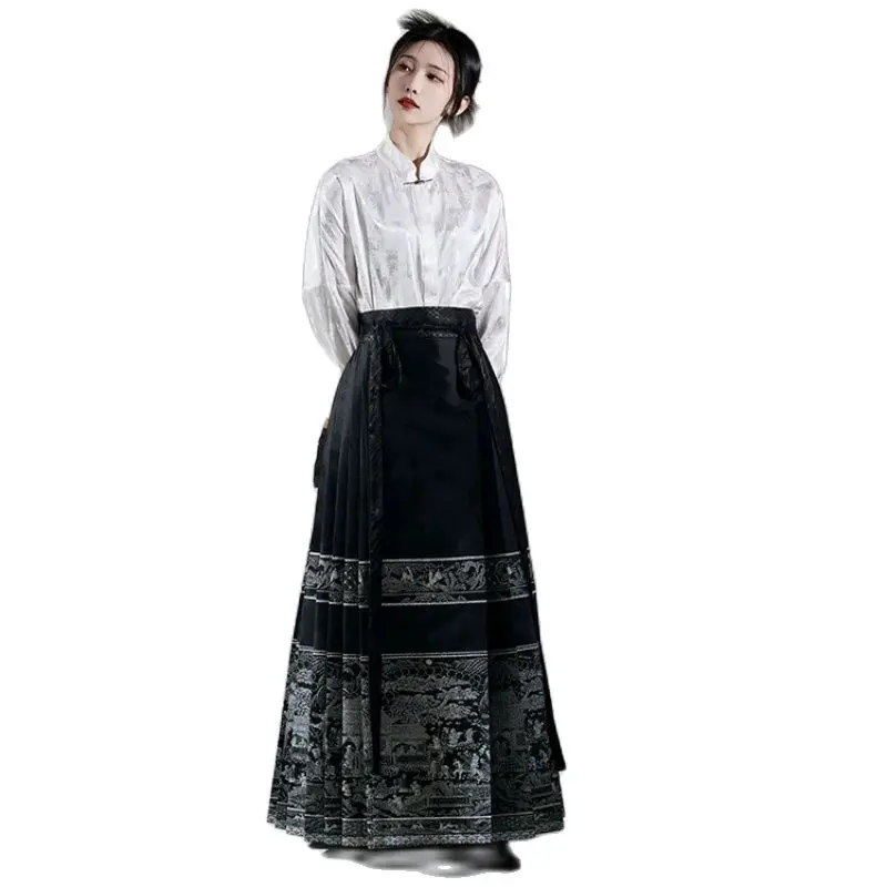 

2023 Autumn Chinese Style Female Clothes Set Black White Long Lantern Sleeve Shirts High Waist Pleated Skirt Twinset Vintage Set