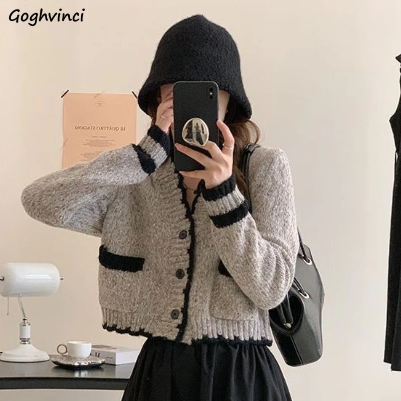 

Knitted Cardigans Women Vintage Patchwork Autumn Winter Cropped Sweater Japanese Style V-neck Elegant Ladies Outerwear Trendy