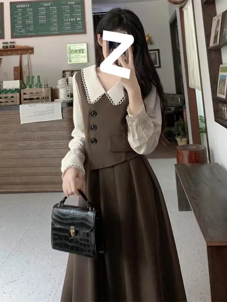 Woherb Retro Fake Two-piece White Dress Long Sleeved Stitching Pleated es 2024 Autumn Elegant Mid Length Brown  Female