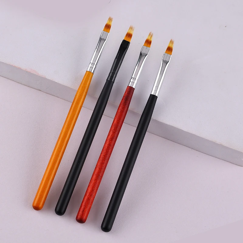 4-Type Simple Nail Art Brush Flat Lace Brushes with Wooden Rod for UV Gel Polish Crystal Nail Drawing Manicure Salon Tools