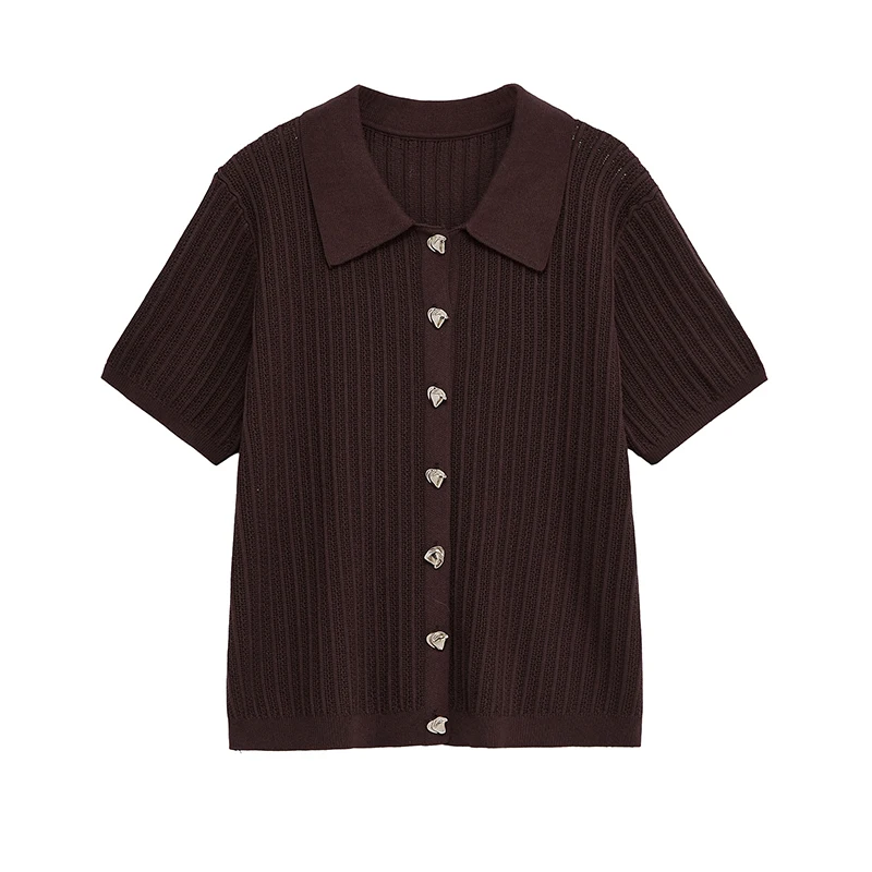 YENKYE Front Button Brown Hollow Out Knit T Shirt Women Short Sleeve Lapel Collar Female Summer Tees Casual  Lady Shirts 2025