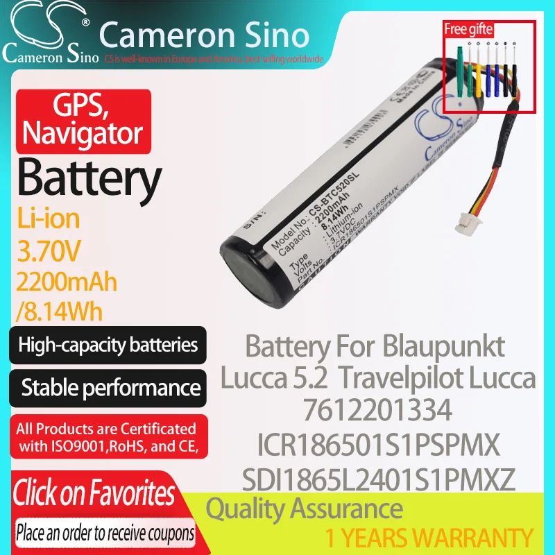 CameronSino Battery for Blaupunkt Lucca 5.2 Travelpilot Lucca fits Blaupunkt 7612201334 ICR186501S1PSPMX GPS, Navigator battery