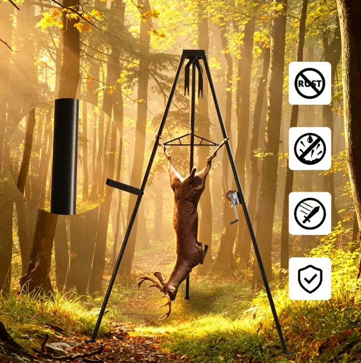 500LB Capacity Deer Tripod Game Hoist Kit, Complete Set with Gambrel & Manual Winch, Heavy Duty Deer Hanger for Hunting Season