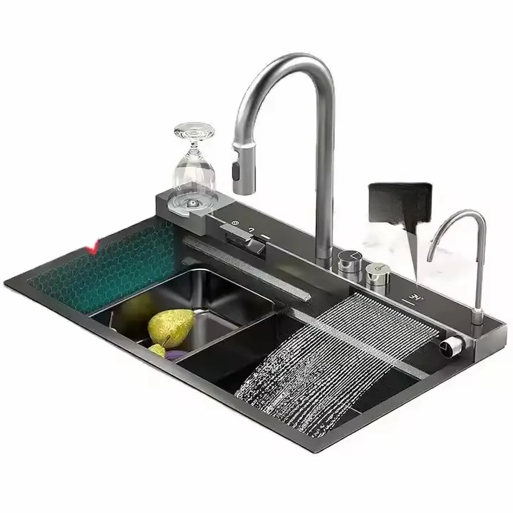 Deao Newest Multifunction 304SUS waterfall rainfall kitchen faucet LED Digital Display faucet Flying Waterfall Kitchen Sink set