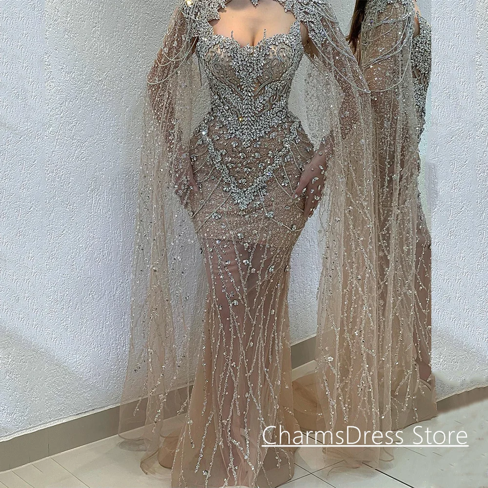 

Crystal Mermaid Evening Dress Customized Sweetheart Rhinestones See Through Arabian Party Gown with Cape Formal Dresses