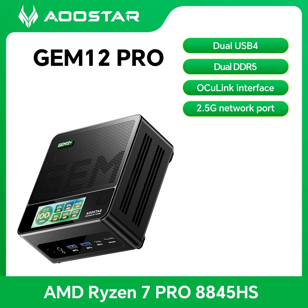 

AOOSTAR GEM12 Pro Mini PC Ryzen 7 PRO 8845HS, Radeon 780M, DDR5-5600 Dual Channel, Dual NVMe PCIe4.0, USB4 x2, OCuLink Gaming PC