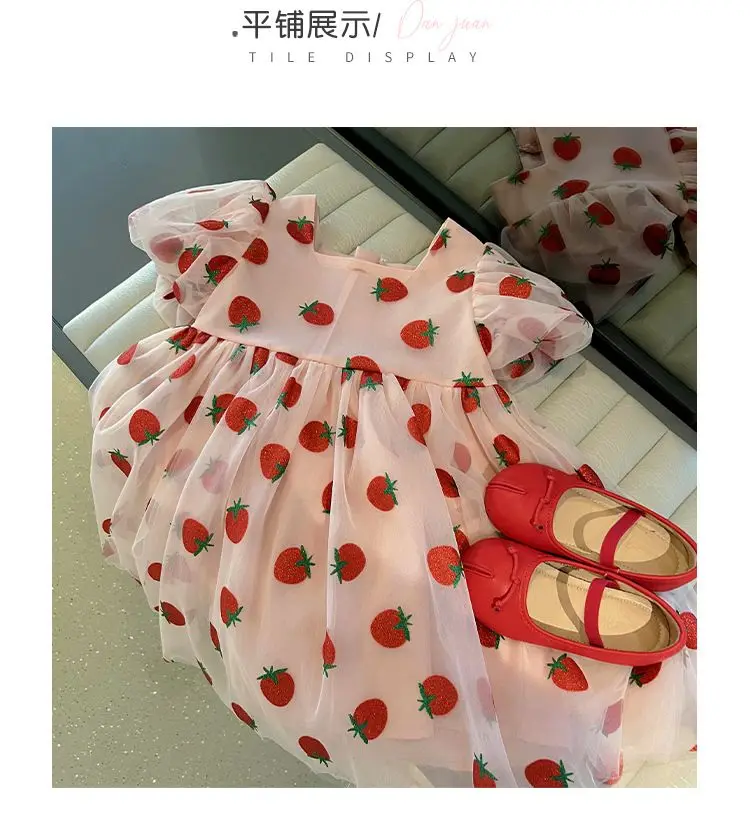 Summer Floral Girls Dresses Strawberry Short Sleeved Children\'s Clothing O-Neck Party Princess Dresses Vestidos kids clothes