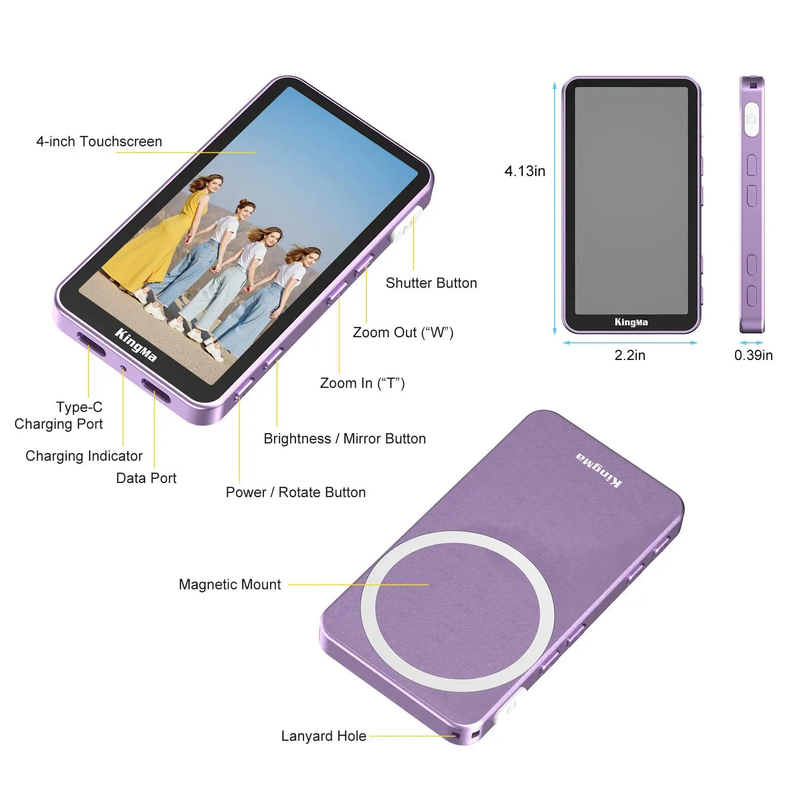 KingMa Magnetisches Telefon Vlog Selfie Touchscreen-Monitor, mit Zoom, kabellose Aufnahme, Telefon-Rückkamera für iPhone Selfie TikTok