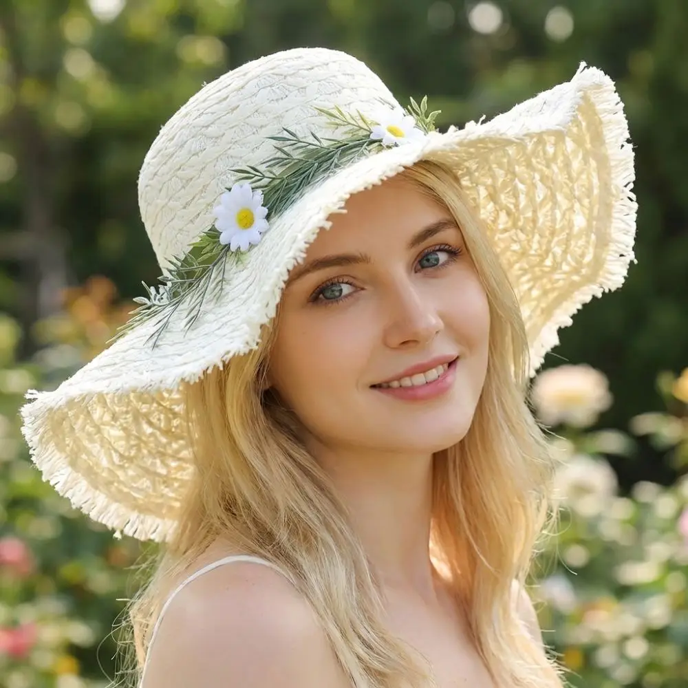

Hand-woven Raffia Straw Hat Sun Protection Wide-brimmed Fisherman's Hat Casual Chrysanthemum Design Beach Hat For Summer Outings