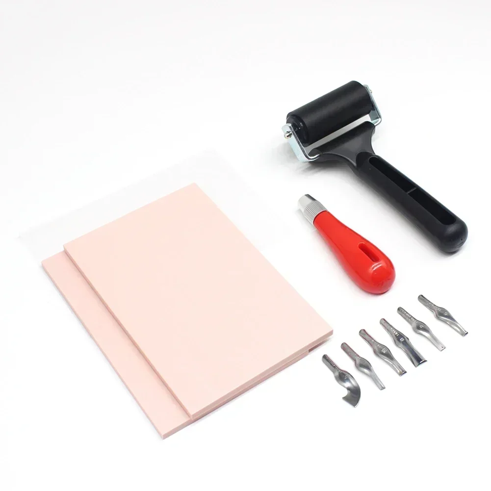 Rubber Stamp Making Kit Linoleum Cutter With 6 Blades Rubber Carving Block Tracing Paper Scroll Wheel DIY Crafting Art Tools