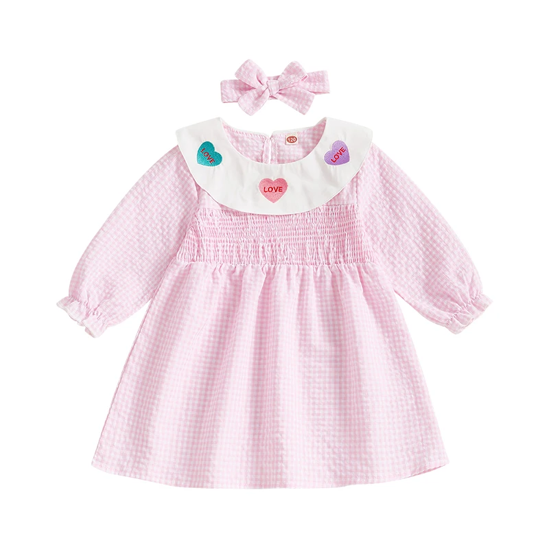 FOCUSNORM 2pcs Spring Autumn Kids Girls Sweet Dress 2-6Y Heart Letter Embroidered Smocked Doll Collar A-Line Plaid Dresses