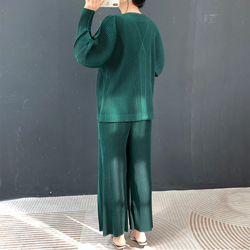 Miyake Women Solid Color Pleated 2-piece Loose Button Jacket+wide Leg Pants Casual Soft Elastic Fabric Suitable Daily Wear