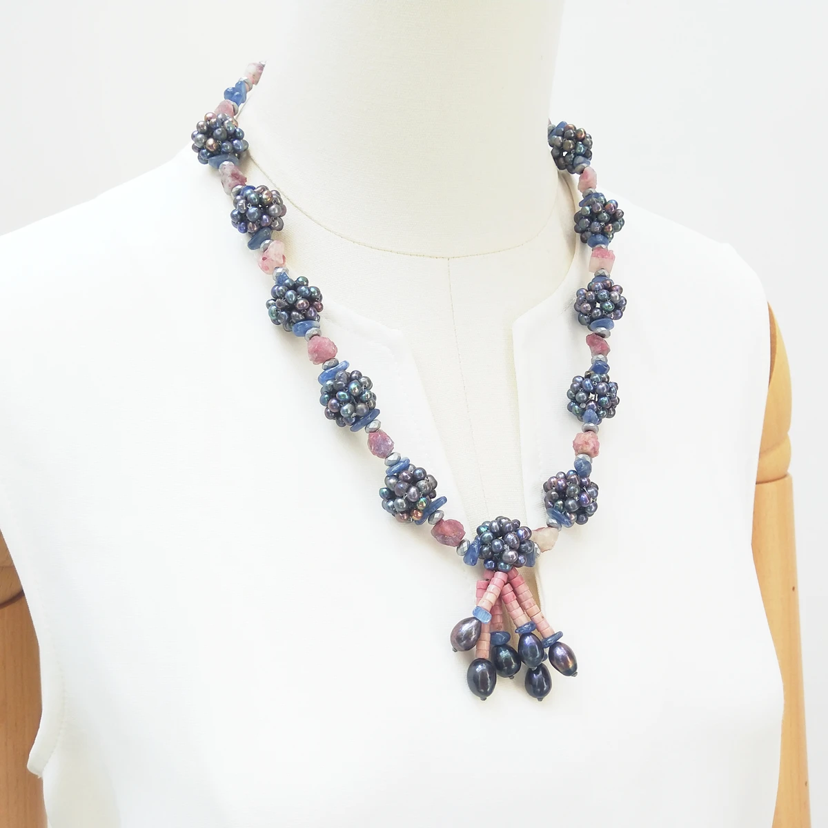 

Lii Ji Real Stone Black Pearl Pink Tourmaline Kyanite Hematite Necklace 60cm Stock Sale Women Jewelry Gift