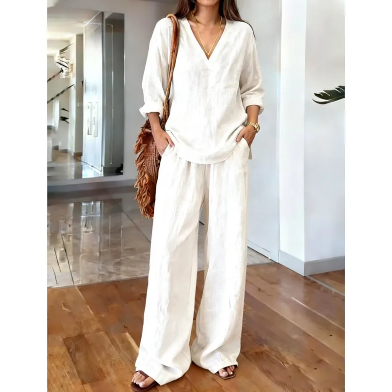 New Women's Clothing Spring Autumn Casual V-neck Pullover Long-sleeved Pants Washed Cotton Women Loose Two Piece Set Suit 2026